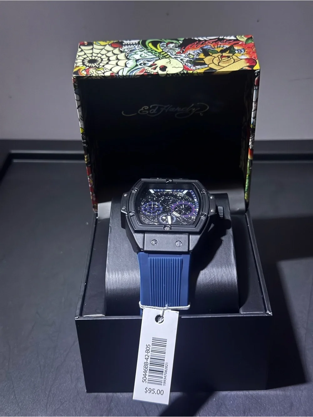 Ed Hardy Black Case Watch with Blue Silicone Strap